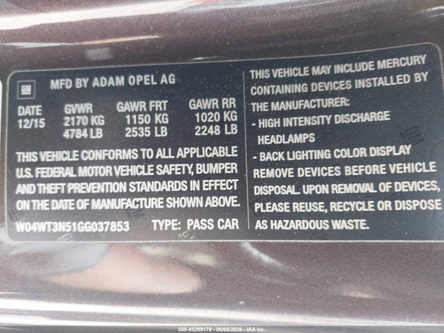 Продаж на аукціоні авто 2016 Buick Cascada Premium, vin: W04WT3N51GG037853, номер лоту: 45299179