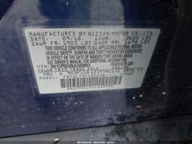 2018 Nissan Kicks Sr მანქანა იყიდება აუქციონზე, vin: 3N1CP5CU9JL533993, აუქციონის ნომერი: 45299187