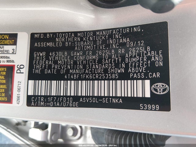 2012 Toyota Camry Le მანქანა იყიდება აუქციონზე, vin: 4T4BF1FK6CR253585, აუქციონის ნომერი: 45299188