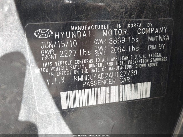 Aukcja sprzedaży 2010 Hyundai Elantra Gls, vin: KMHDU4AD2AU127739, numer aukcji: 45299192
