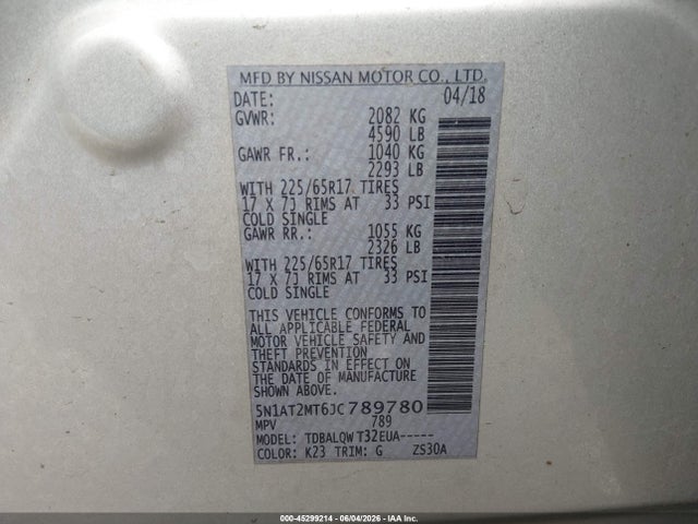 Aukcja sprzedaży 2018 Nissan Rogue Sv, vin: 5N1AT2MT6JC789780, numer aukcji: 45299214