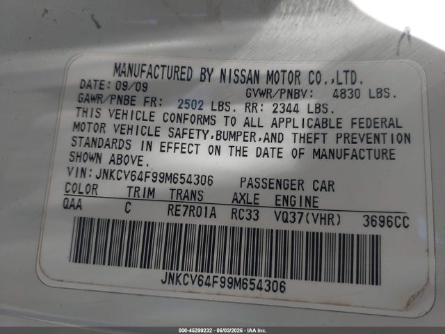 45299232 :رقم المزاد ، JNKCV64F99M654306 vin ، 2009 Infiniti G37x مزاد بيع