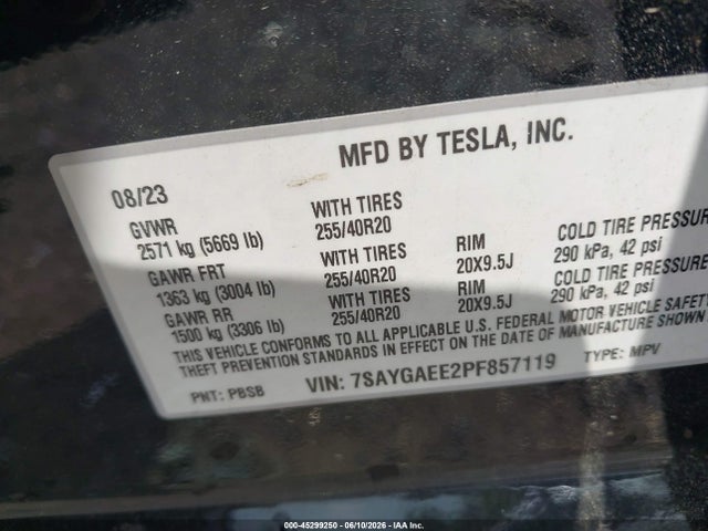 Aukcja sprzedaży 2023 Tesla Model Y Awd/long Range Dual Motor All-wheel Drive, vin: 7SAYGAEE2PF857119, numer aukcji: 45299250