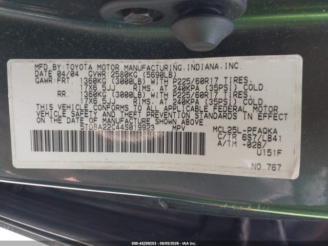 Продаж на аукціоні авто 2004 Toyota Sienna Xle Limited, vin: 5TDBA22C44S019923, номер лоту: 45299253