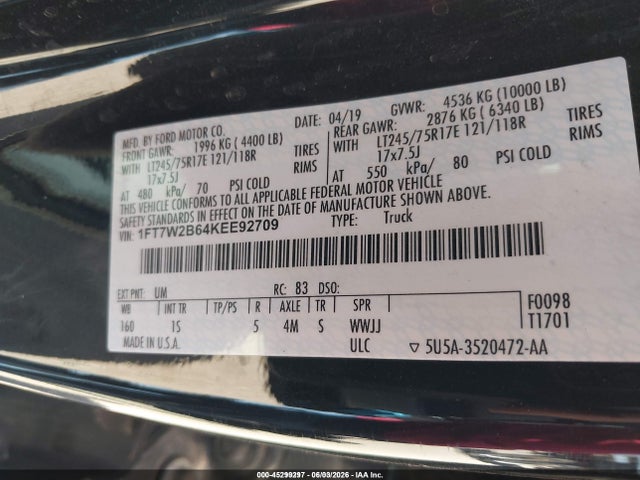 Aukcja sprzedaży 2019 Ford F-250 Xl, vin: 1FT7W2B64KEE92709, numer aukcji: 45299297