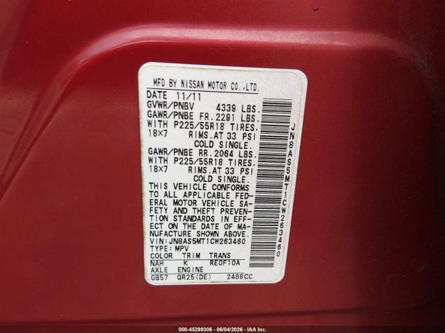 2012 Nissan Rogue Sv W/sl Pkg მანქანა იყიდება აუქციონზე, vin: JN8AS5MT1CW263460, აუქციონის ნომერი: 45299306