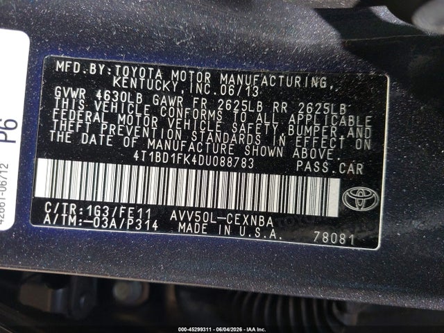 Aukcja sprzedaży 2013 Toyota Camry Hybrid Le, vin: 4T1BD1FK4DU088783, numer aukcji: 45299311