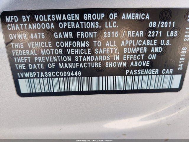 Продажа на аукционе авто 2012 Volkswagen Passat 2.5l Se, vin: 1VWBP7A39CC009446, номер лота: 45299323