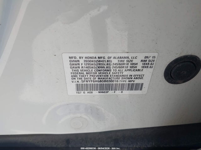 45299336 :رقم المزاد ، 5FNYF6H68GB030016 vin ، 2016 Honda Pilot Ex-l مزاد بيع