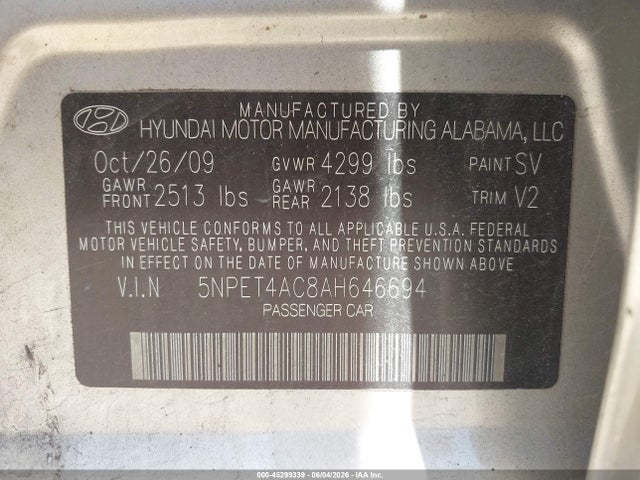 Продажа на аукционе авто 2010 Hyundai Sonata Gls, vin: 5NPET4AC8AH646694, номер лота: 45299339