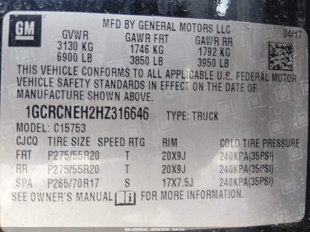 1GCRCNEH2HZ316646 Chevrolet Silverado 1500 Wt