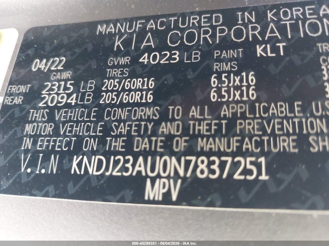 45299351 :رقم المزاد ، KNDJ23AU0N7837251 vin ، 2022 Kia Soul Lx مزاد بيع