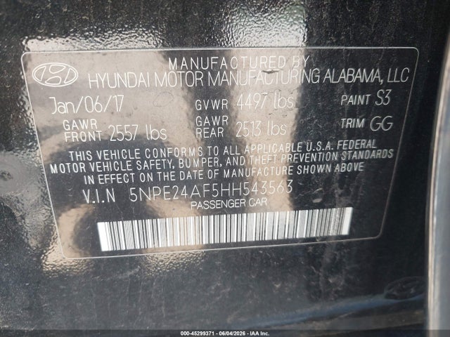 Продажа на аукционе авто 2017 Hyundai Sonata Se, vin: 5NPE24AF5HH543563, номер лота: 45299371