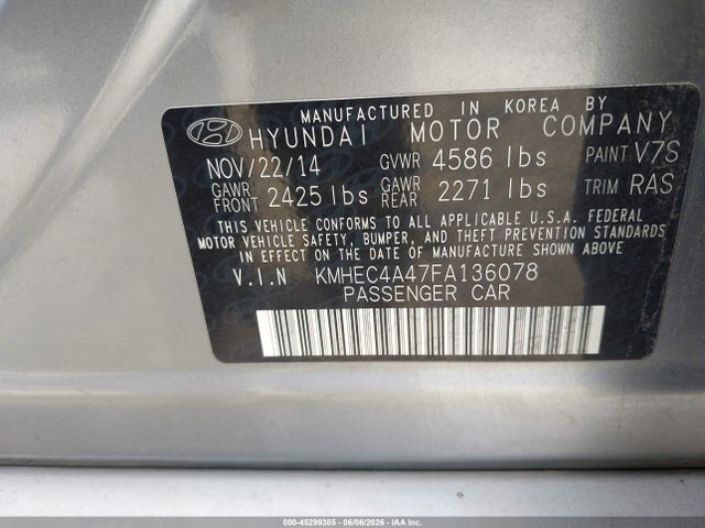 2015 Hyundai Sonata Hybrid Limited მანქანა იყიდება აუქციონზე, vin: KMHEC4A47FA136078, აუქციონის ნომერი: 45299385