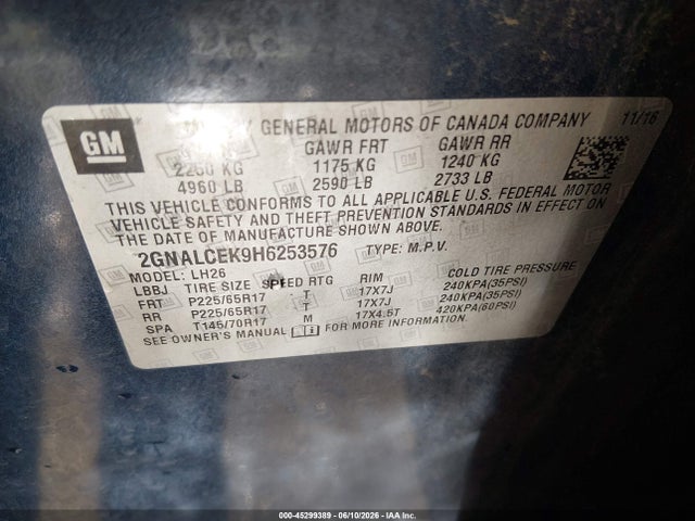 Chevrolet EQUINOX LT 2017 2GNALCEK9H6253576 Image 9