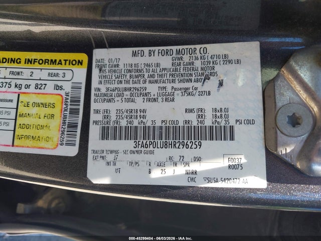 45299404 :رقم المزاد ، 3FA6P0LU8HR296259 vin ، 2017 Ford Fusion Hybrid Se مزاد بيع
