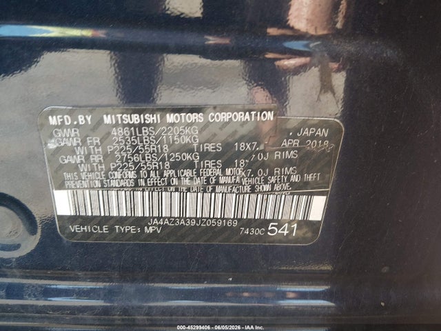 Aukcja sprzedaży 2018 Mitsubishi Outlander Es, vin: JA4AZ3A39JZ059169, numer aukcji: 45299406
