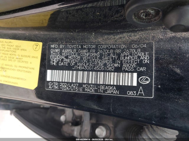 Aukcja sprzedaży 2004 Lexus Es 330, vin: JTHBA30G145051082, numer aukcji: 45299414
