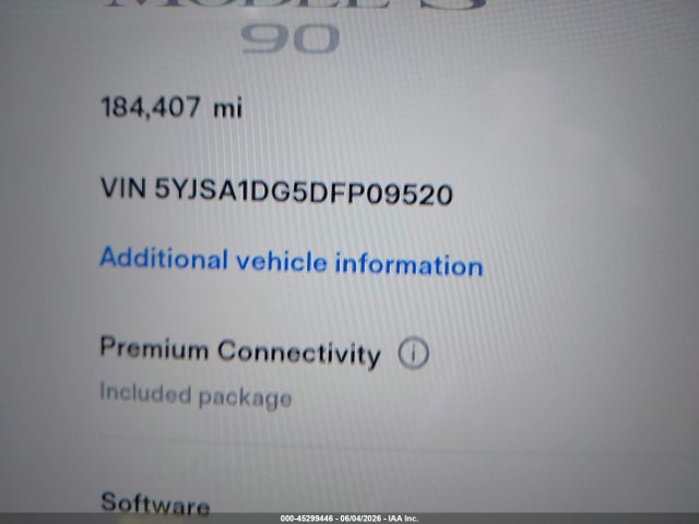 2013 Tesla Model S მანქანა იყიდება აუქციონზე, vin: 5YJSA1DG5DFP09520, აუქციონის ნომერი: 45299446