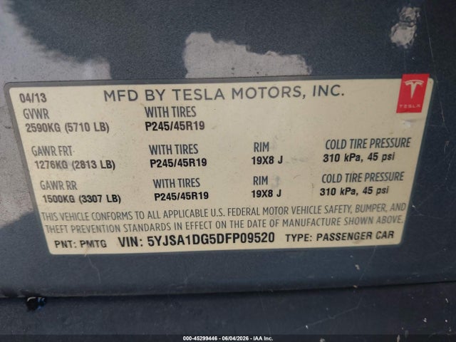 2013 Tesla Model S მანქანა იყიდება აუქციონზე, vin: 5YJSA1DG5DFP09520, აუქციონის ნომერი: 45299446