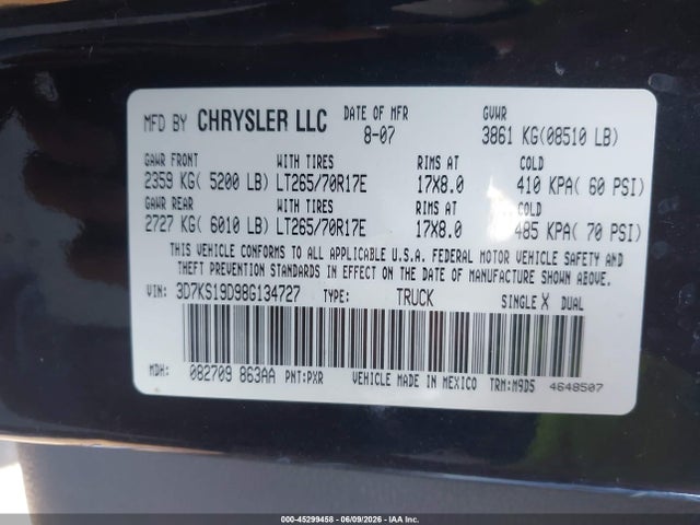 45299458 :رقم المزاد ، 3D7KS19D98G134727 vin ، 2008 Dodge Ram 1500 Sxt/slt مزاد بيع