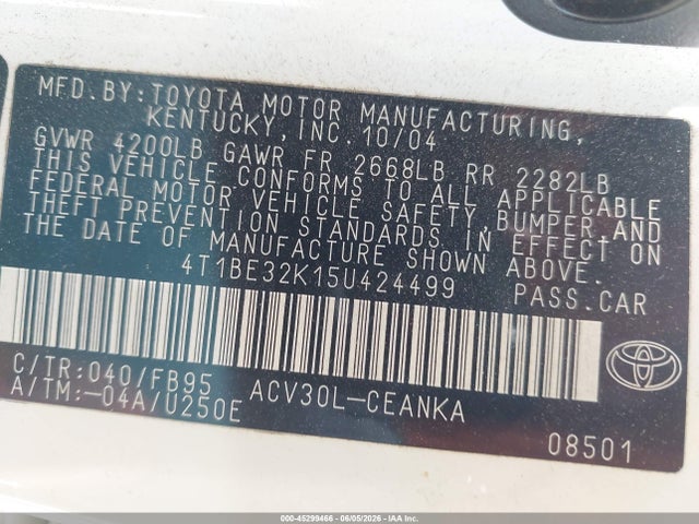 Auction sale of the 2005 Toyota Camry Le, vin: 4T1BE32K15U424499, lot number: 45299466