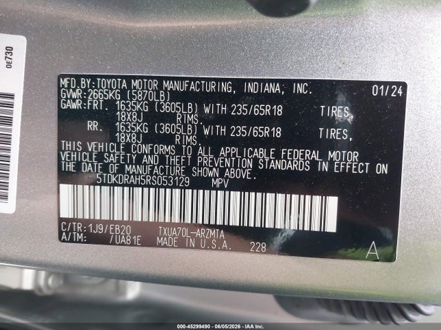2024 Toyota Highlander Xle მანქანა იყიდება აუქციონზე, vin: 5TDKDRAH5RS053129, აუქციონის ნომერი: 45299490