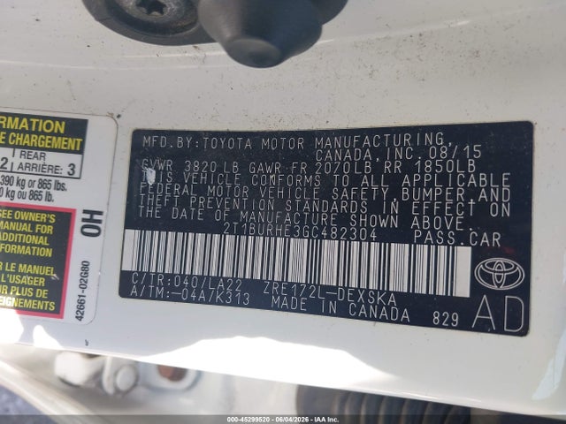 2016 Toyota Corolla S Premium მანქანა იყიდება აუქციონზე, vin: 2T1BURHE3GC482304, აუქციონის ნომერი: 45299520