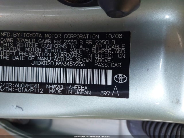 Aukcja sprzedaży 2009 Toyota Prius, vin: JTDKB20U993489236, numer aukcji: 45299535