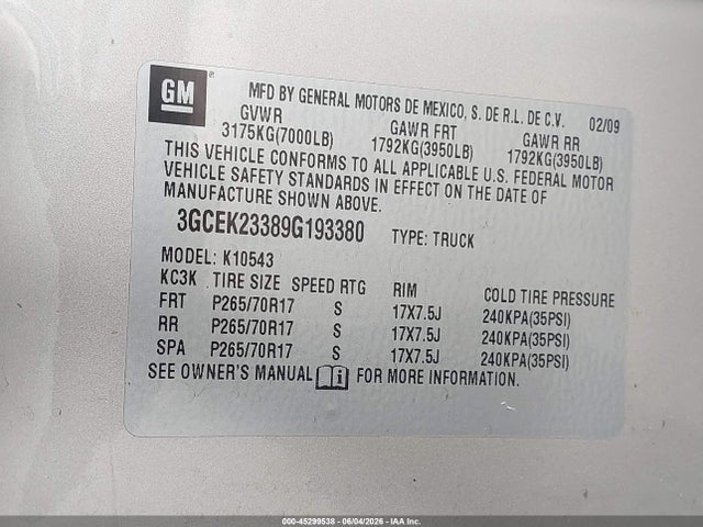 Продаж на аукціоні авто 2009 Chevrolet Silverado 1500 Lt, vin: 3GCEK23389G193380, номер лоту: 45299538