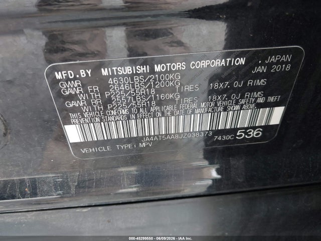 45299550 :رقم المزاد ، JA4AT5AA8JZ038373 vin ، 2018 Mitsubishi Eclipse Cross Se مزاد بيع
