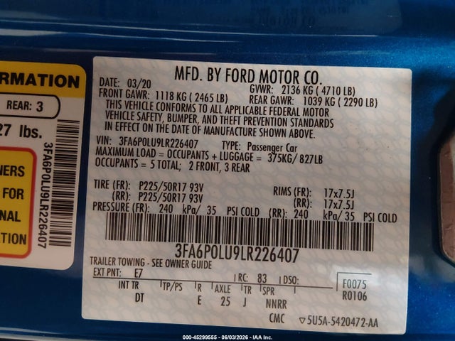 Ford Fusion Hybrid Se 2020 3FA6P0LU9LR226407 Image 9