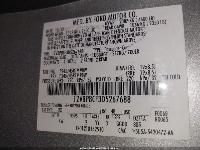 Aukcja sprzedaży 2013 Ford Mustang Gt Premium, vin: 1ZVBP8CF3D5267688, numer aukcji: 45299556