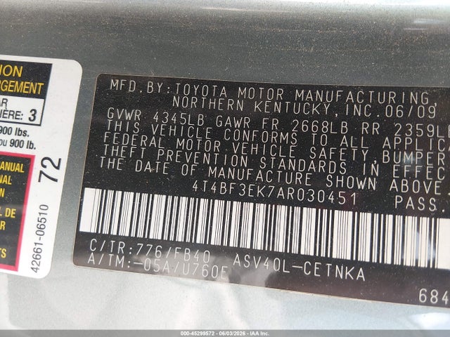 2010 Toyota Camry Le მანქანა იყიდება აუქციონზე, vin: 4T4BF3EK7AR030451, აუქციონის ნომერი: 45299572