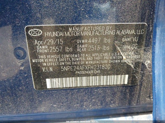 2015 Hyundai Sonata Se მანქანა იყიდება აუქციონზე, vin: 5NPE24AFXFH231820, აუქციონის ნომერი: 45299574
