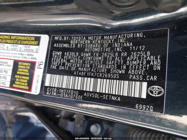 45299586 :رقم المزاد ، 4T4BF1FK7CR269505 vin ، 2012 Toyota Camry Le مزاد بيع