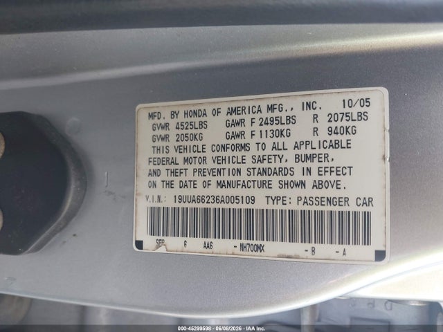Aukcja sprzedaży 2006 Acura Tl, vin: 19UUA66236A005109, numer aukcji: 45299598