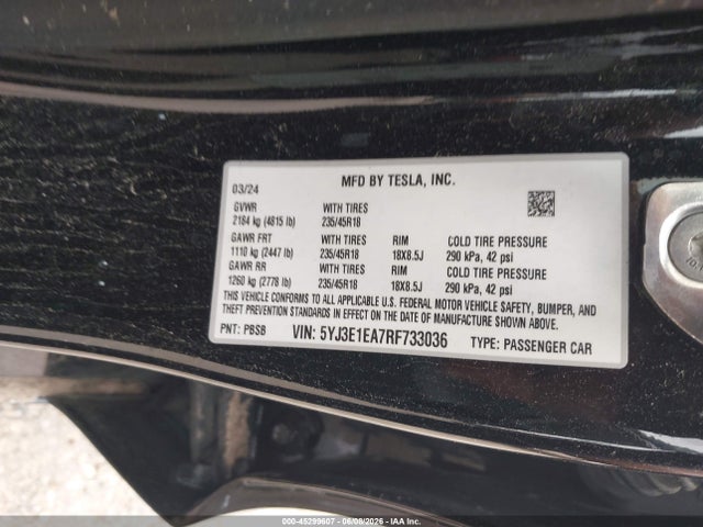 Aukcja sprzedaży 2024 Tesla Model 3 Long Range Dual Motor All-wheel Drive/rear-wheel Drive, vin: 5YJ3E1EA7RF733036, numer aukcji: 45299607