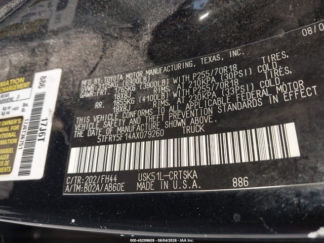 Aukcja sprzedaży 2010 Toyota Tundra Grade 5.7l V8, vin: 5TFRY5F14AX079260, numer aukcji: 45299609