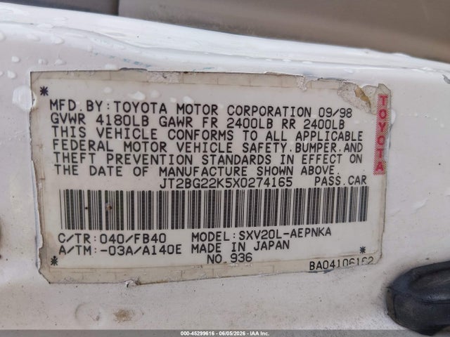 Aukcja sprzedaży 1999 Toyota Camry Le, vin: JT2BG22K5X0274165, numer aukcji: 45299616