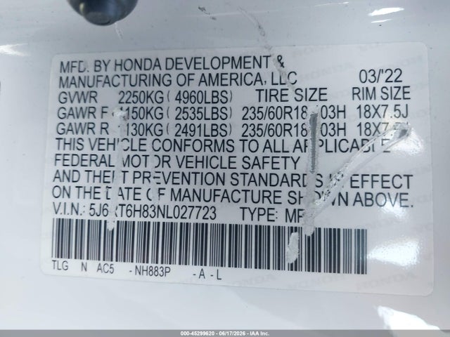 5J6RT6H83NL027723 Honda Cr-v Hybrid Ex-l