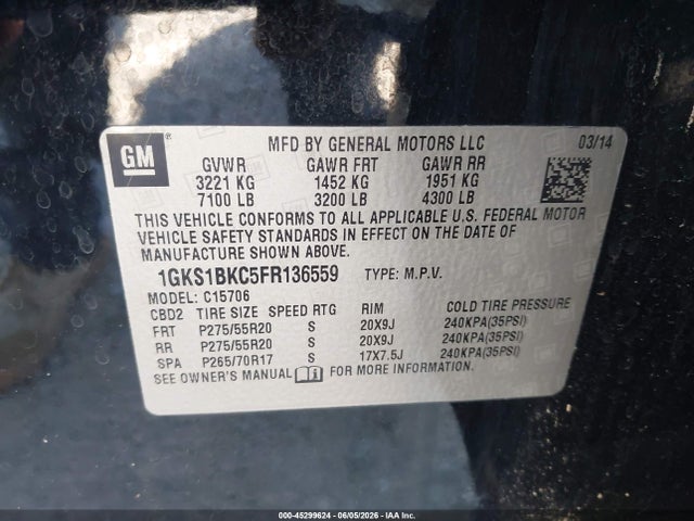 Aukcja sprzedaży 2015 Gmc Yukon Slt, vin: 1GKS1BKC5FR136559, numer aukcji: 45299624