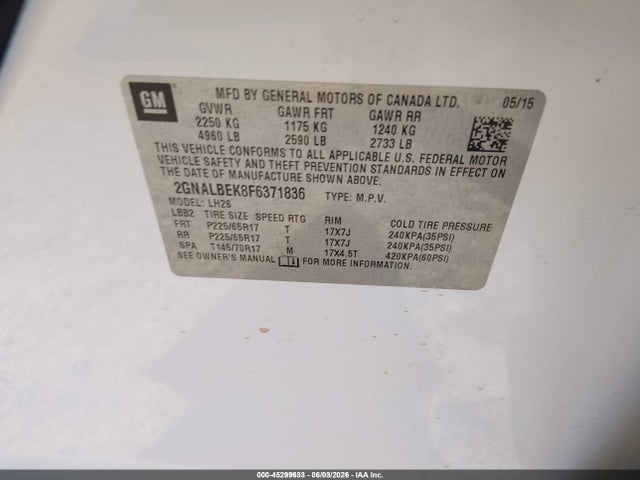 Chevrolet EQUINOX 1LT 2015 2GNALBEK8F6371836 Image 9