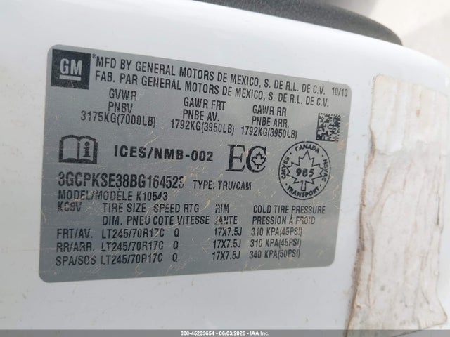 Продаж на аукціоні авто 2011 Chevrolet Silverado 1500 Lt, vin: 3GCPKSE38BG164523, номер лоту: 45299654