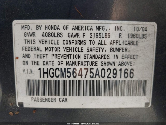 45299666 :رقم المزاد ، 1HGCM56475A029166 vin ، 2005 Honda Accord 2.4 Lx مزاد بيع