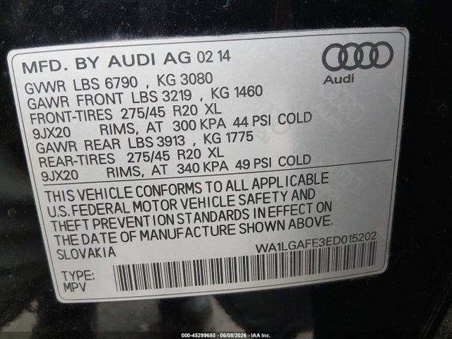 45299680 :رقم المزاد ، WA1LGAFE3ED015202 vin ، 2014 Audi Q7 3.0t Premium مزاد بيع