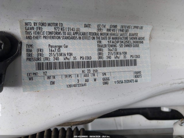 45299688 :رقم المزاد ، 1FADP3K25EL368098 vin ، 2014 Ford Focus Se مزاد بيع