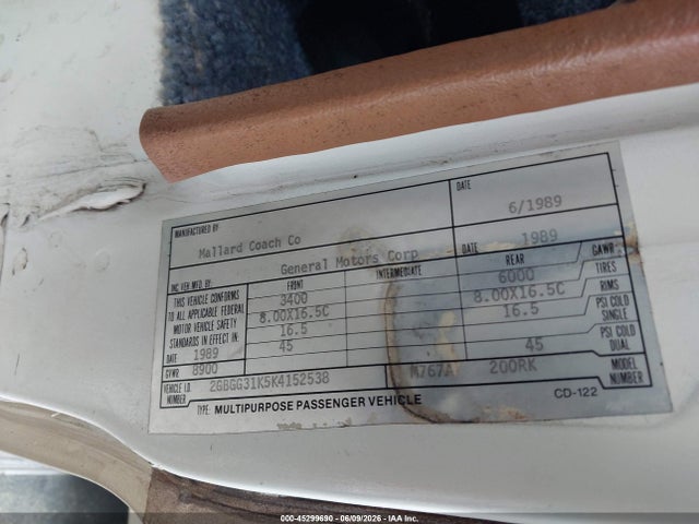 45299690 :رقم المزاد ، 2GBGG31K5K4152538 vin ، 1989 Chevrolet G30 مزاد بيع