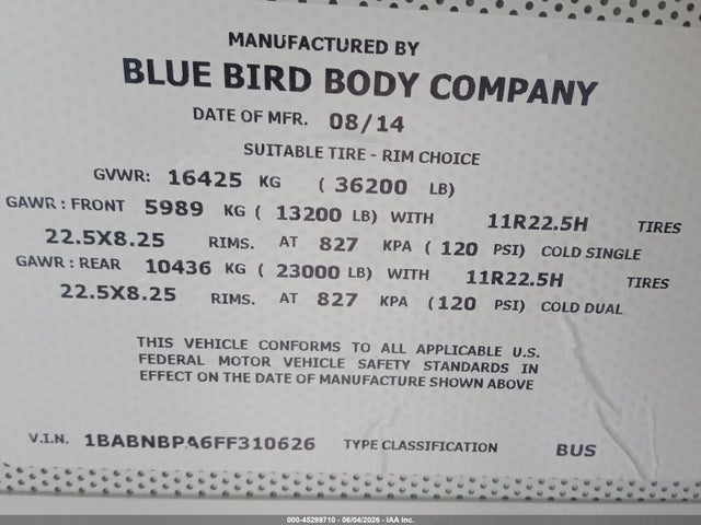 1BABNBPA6FF310626 Blue Bird School Bus / Transit Bus