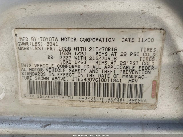 Продаж на аукціоні авто 2001 Toyota Rav4, vin: JTEGH20V610011841, номер лоту: 45299716